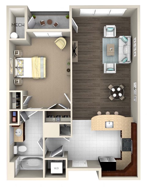 Floor plan for 1 bed, 1 bath, 707 sqft